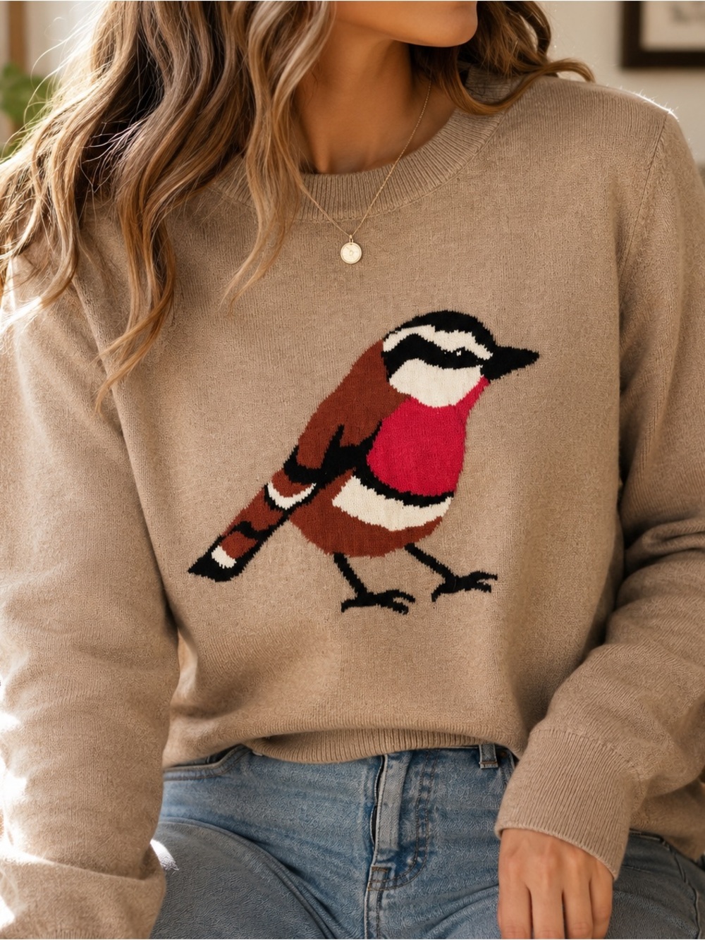 Medium | LOFT | Taupe Bird Sweater + Graphic Crewneck Knit